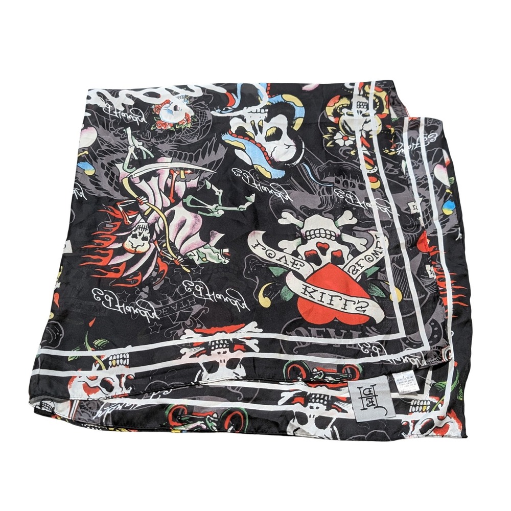 Ed Hardy Scarf Black Tattoo Print Skull Heart Love Kills Slowly Y2K Art